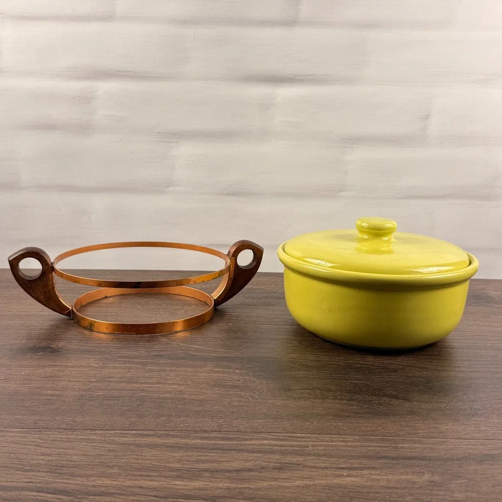 Bauer Pottery Chartreuse Casserole Lid Copper Wood Stand California